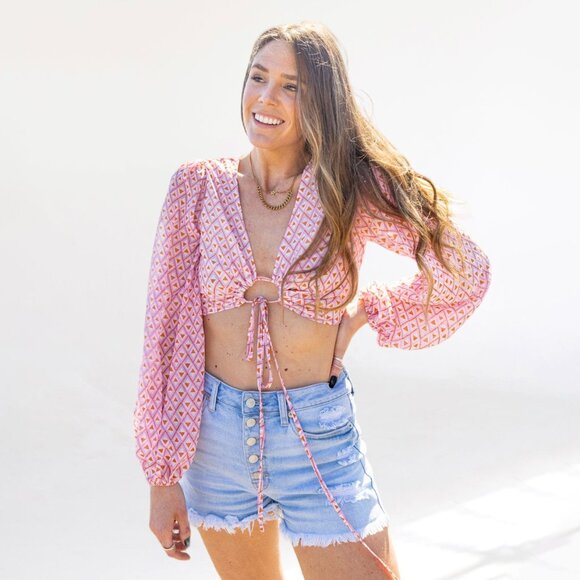 Pink & Orange Printed Long Sleeve Crop Top Keyhole Design Summer - Picture 3 of 13